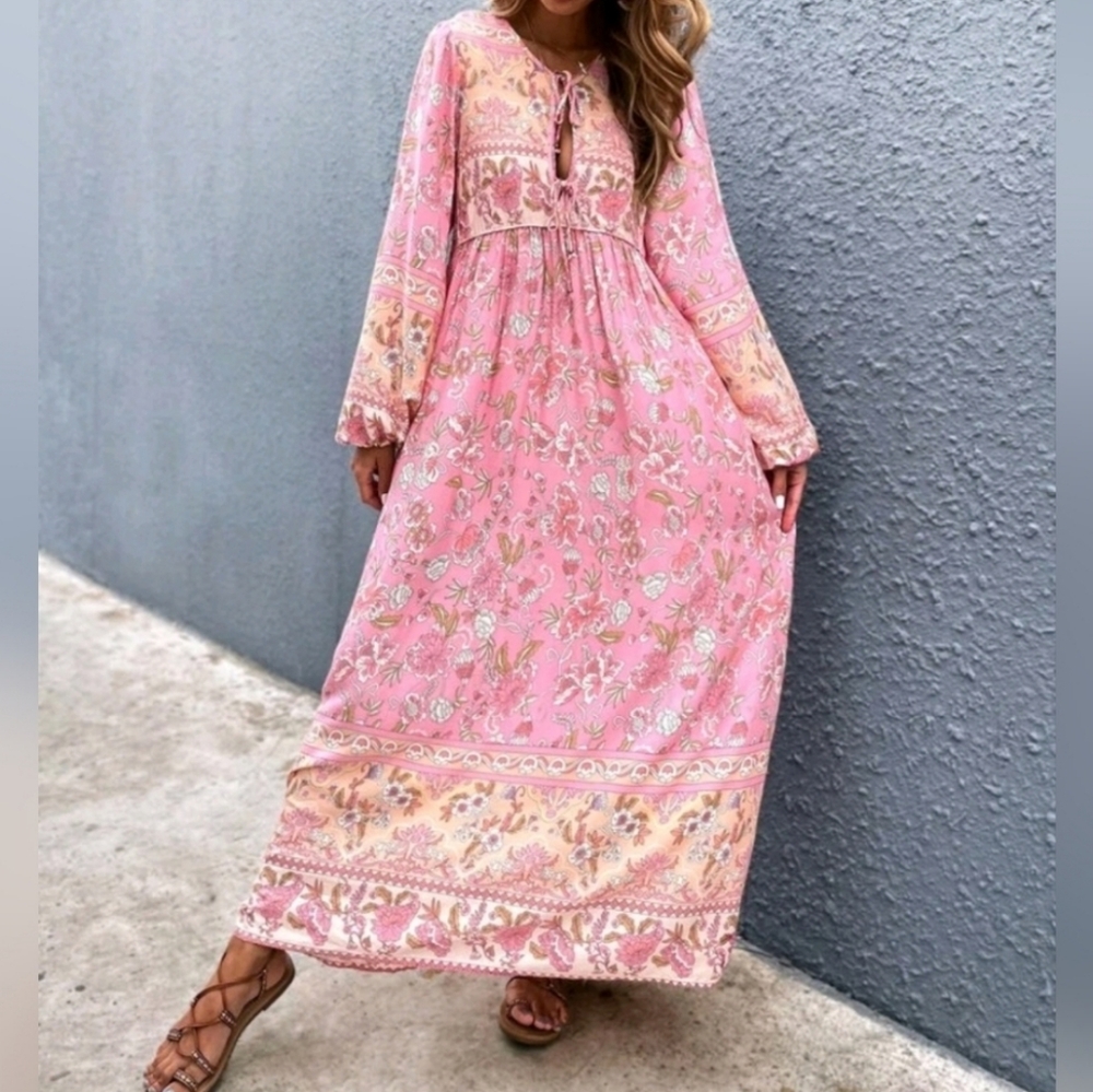New Boho Cottage Floral Maxi Smock Dress Pink Yellow Tan White Green - Picture 3 of 8